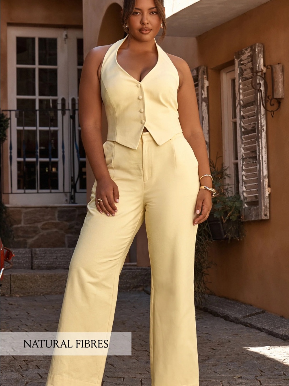 Showpo Pale Yellow Halter Button-Front Vest & Wide-Leg Pants Set